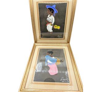 Pair 2 framed Artwork Signed Mexican South American Children Southwest 10"x 12"